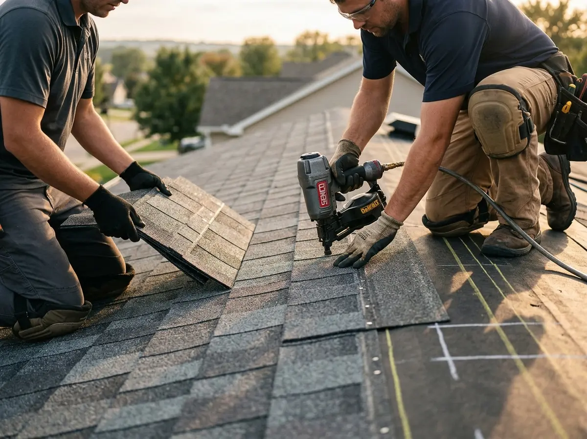 Professional roofer working on a residential roof in Applewood